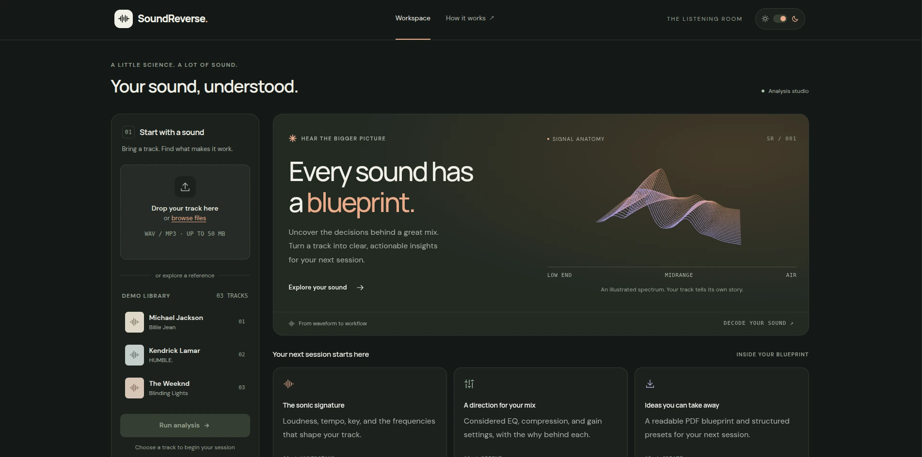 SoundReverse workspace with upload area and three demo tracks